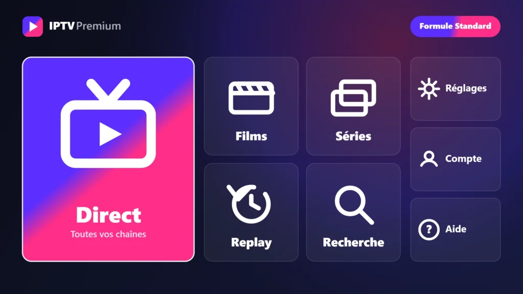 Écran d'accueil du lecteur IPTV aux couleurs de la formule Standard